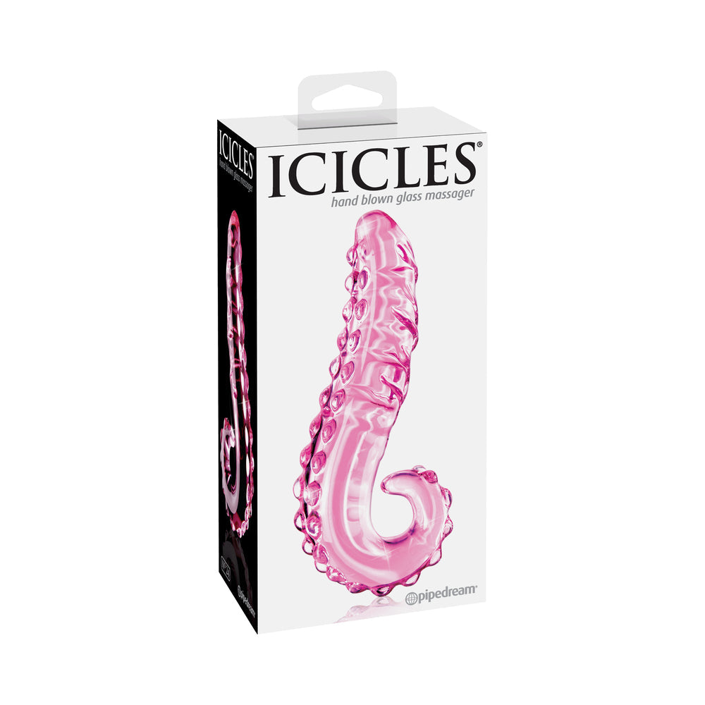 Icicles No. 24 Curved Textured 6 in. Glass Dildo With Handle Pink