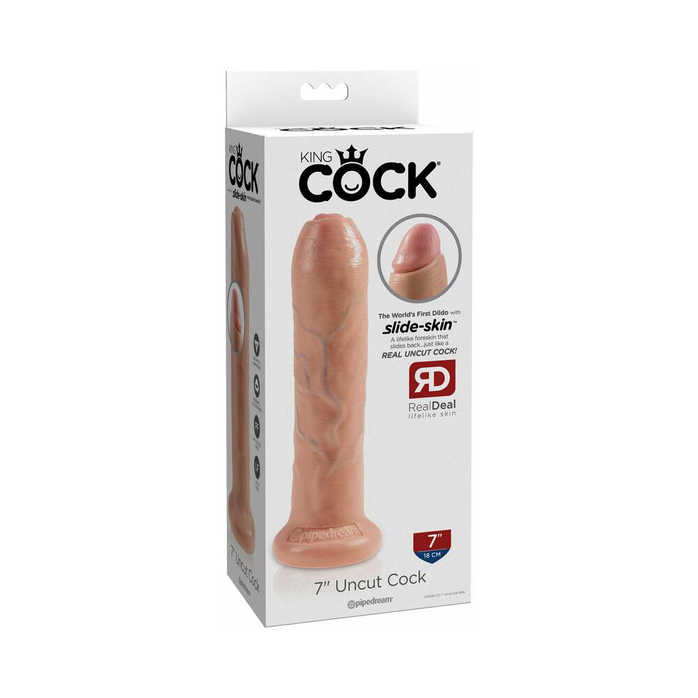 King Cock 7 in. Uncut Cock Realistic Dildo With Moveable Foreskin & Suction Cup Beige