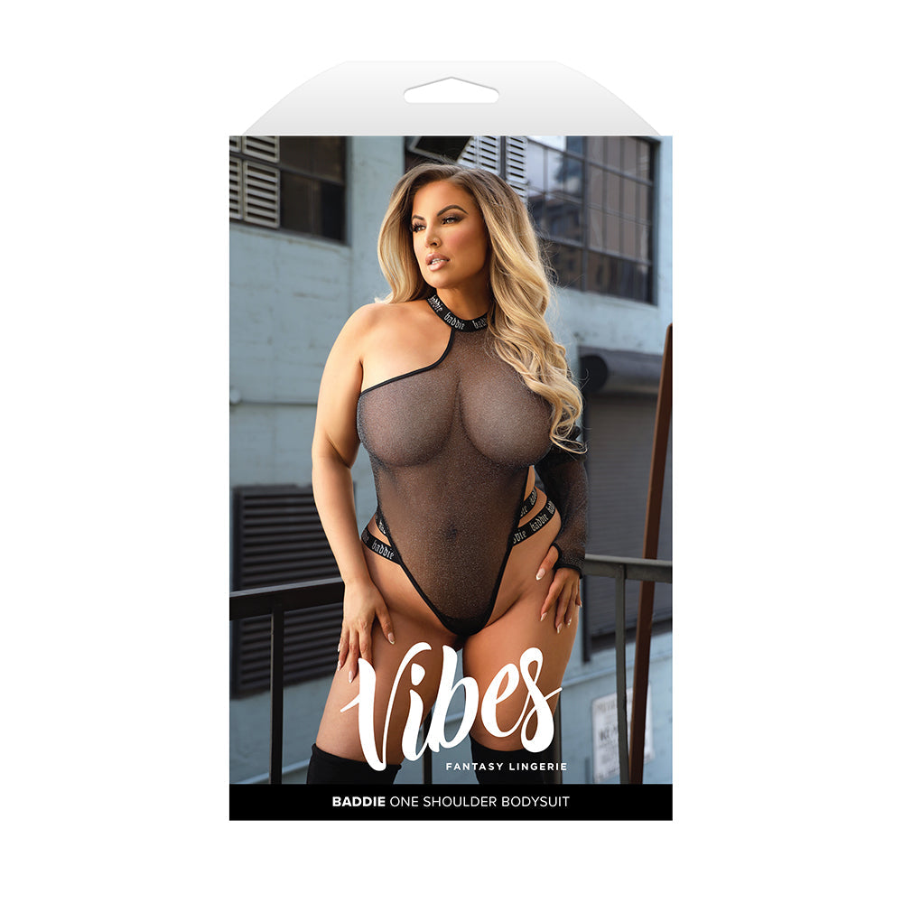 Fantasy Lingerie Vibes Baddie One Shoulder Long Sleeve Glitter Mesh Bodysuit Que