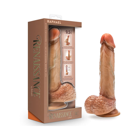 Renaissance Raphael Sliding Foreskin 9.5" Dildo with Balls Realistic Tan