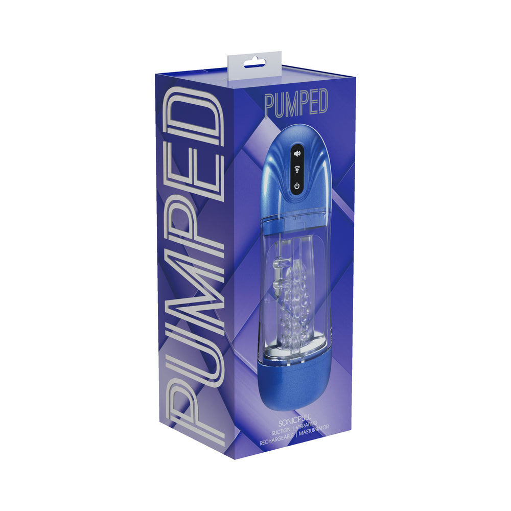 PUMPED SonicPull Masturbator Suction Vibration Multimedia Enhanced Metallic Blue
