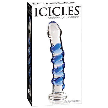 Icicles No. 5 Curved Ribbed 7 in. Glass Dildo Blue/Clear