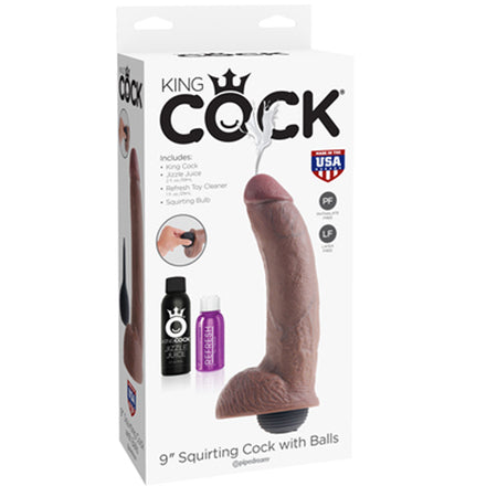 King Cock 9 in. Squirting Cock With Balls Realistic Dildo Brown