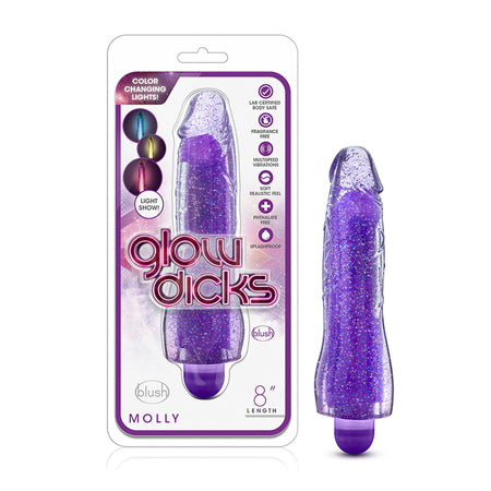 Glow Dicks Molly Color Changing 8 in. Vibrating Dildo Glitter Purple