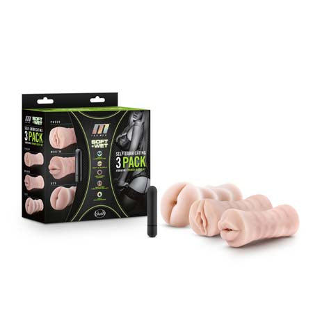M for Men Soft + Wet Self-Lubricating 3-Pack Vibrating Stroker Sleeve Kit Beige