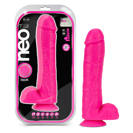 Neo Elite 11 in. Silicone Dual Density Dildo with Balls Neon Pink