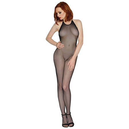 Dreamgirl Seamless Fishnet Bodystocking with Halter Neck, Open Crotch and Low Ba