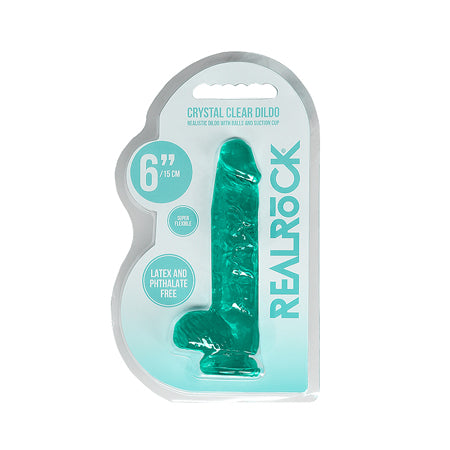 RealRock Crystal Clear Realistic 6 in. Dildo With Balls and Suction Cup Turquois