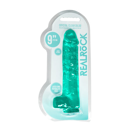 RealRock Crystal Clear Realistic 9 in. Dildo With Balls and Suction Cup Turquois