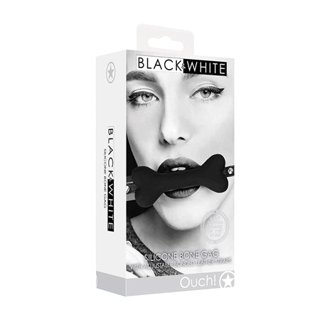 Ouch! Black & White Silicone Bone Gag With Adjustable Bonded Leather Straps Blac