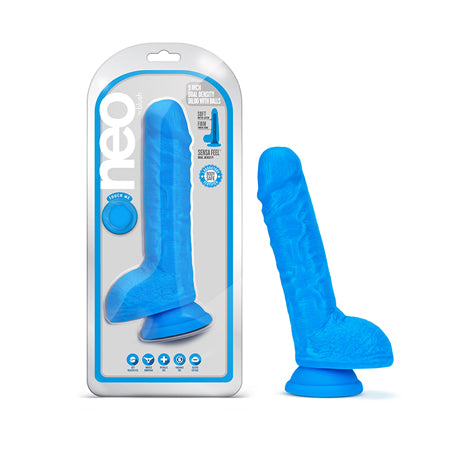 Neo 9 in. Dual Density Dildo with Balls Neon Blue