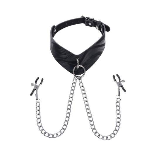 SS Velvet Noir Collar & Removable Clamps - BDSM Collar with Accessories