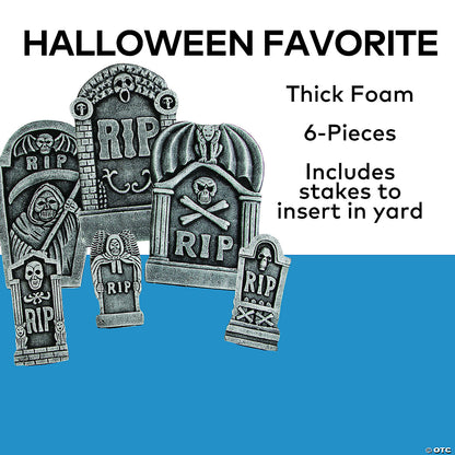 Grim Reaper Rip Foam Tombstone Halloween Decorations Set – 6 Pc.