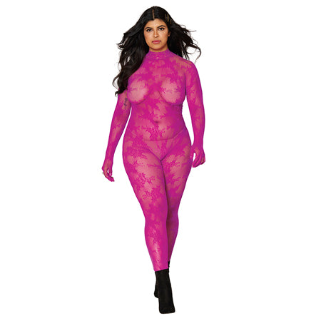 Dreamgirl Gloved Lace Bodystocking With Keyhole Back Azalea Queen Size