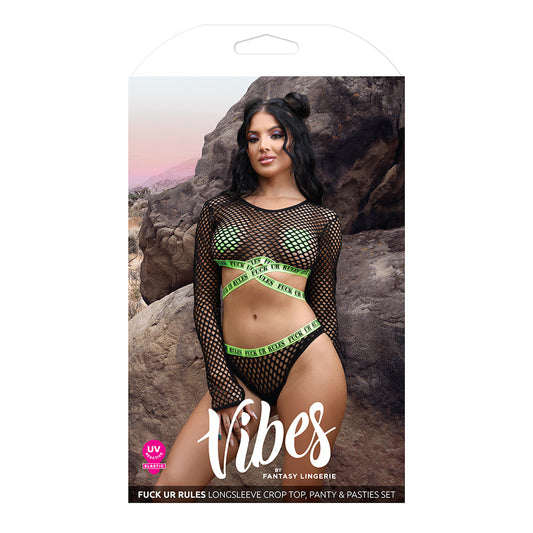 Fantasy Lingerie Vibes Fuck Ur Rules UV Reactive Longsleeve Fishnet Top, Panty,