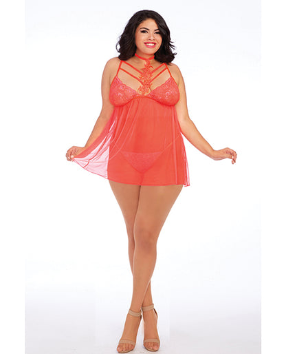 Simply Sexy Stretch Lace & Mesh Galloon Babydoll W/g-string Coral