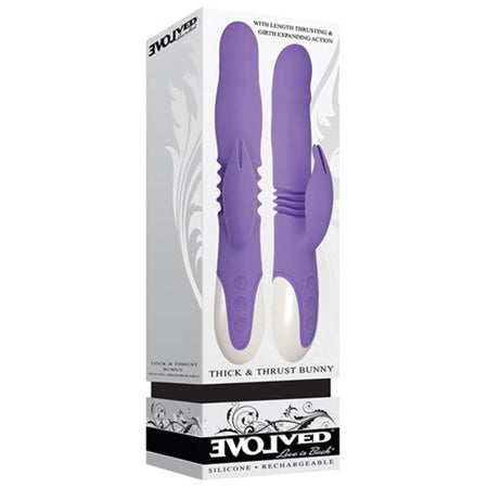 Evolved Thick&Thrust Bunny Vibe With Thrusting and Expanding Action Dual Motors 5 Thrusting and Expanding Fuctions 8 Vibe Speeds and Functions USB Rechargable Silicone Waterproof Purple