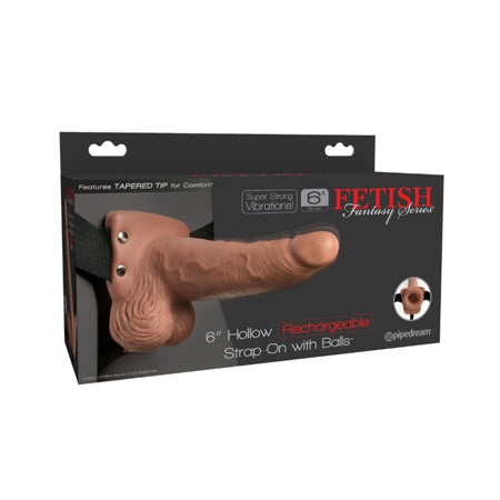 Fetish Fantasy 6in Hollow Rechargeable Strap-On with Balls, Tan