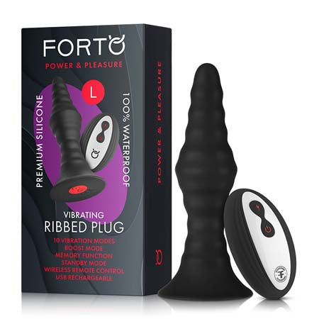 Forto Vibrating Ribbed Plug W-Remote  Large Blk