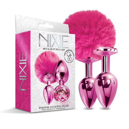 NIXIE Metal Butt Plug Set Pom Pom and Jewel-Inlaid Metallic Pink