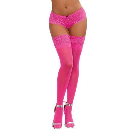 Dreamgirl Neon Pink Sheer Thigh-High Stockings With Silicone Lace Top Pink OS