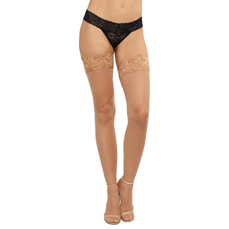 Dreamgirl Sheer Thigh-High Stockings with Silicone Lace Top Light OSSize OS: Size 2-14, Cup B-C, Weight 90-160 lbs., Bust 32-38", Waist 24-31", Hip 34-40"