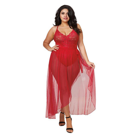 Dreamgirl Plus-Size Stretch Lace Teddy & Sheer Mesh Maxi Skirt With Adjustable Straps & G-String Rouge Queen 3X Hanging