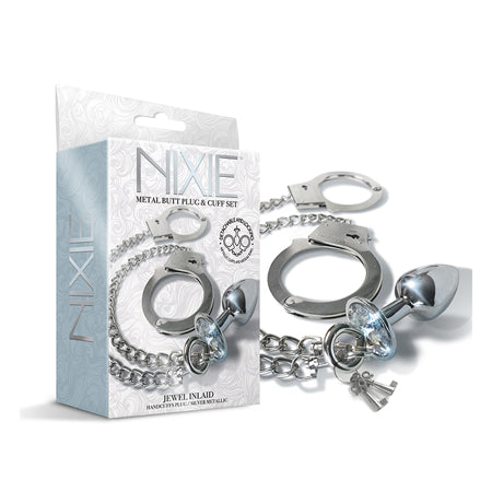 Nixie Metal Butt Plug & Handcuffs Set Silver