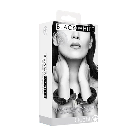 Ouch! Black & White Beginner Pleasure Furry Wrist Cuffs With Quick-Release Butto