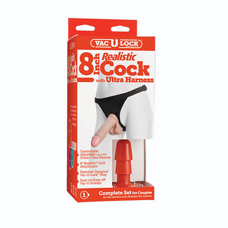 Vac-U-Lock - 8 Inch Realistic Cock - With Ultra Harness White